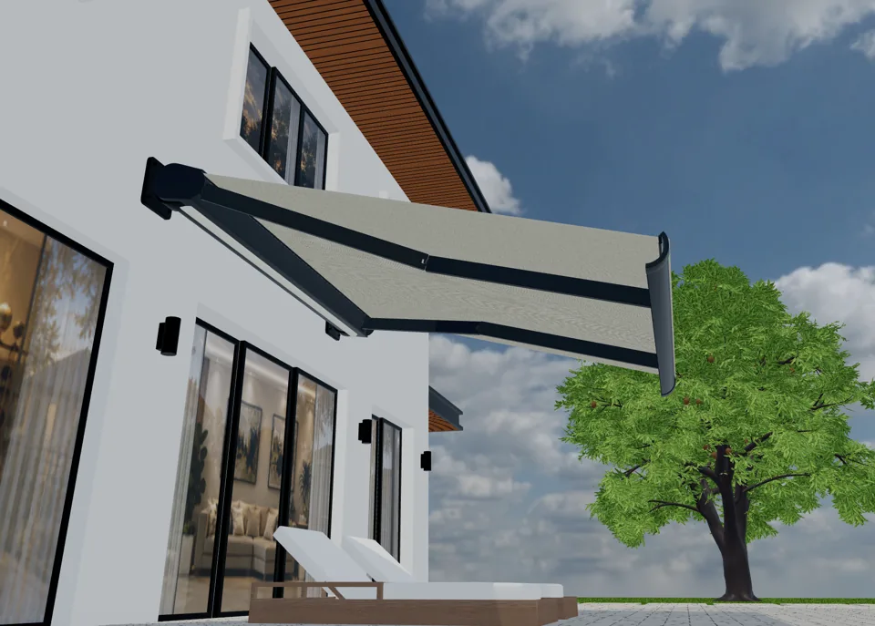 3D rendering of a retractable awning with light fabric and dark folding arms outside a house.