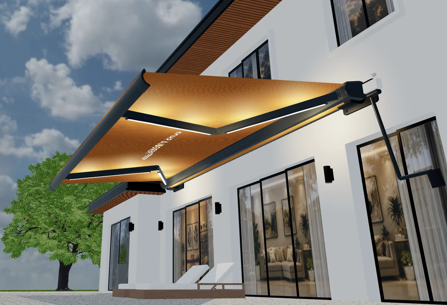 Underside of an orange-fabric awning with illuminated lighting along the folding arms.
