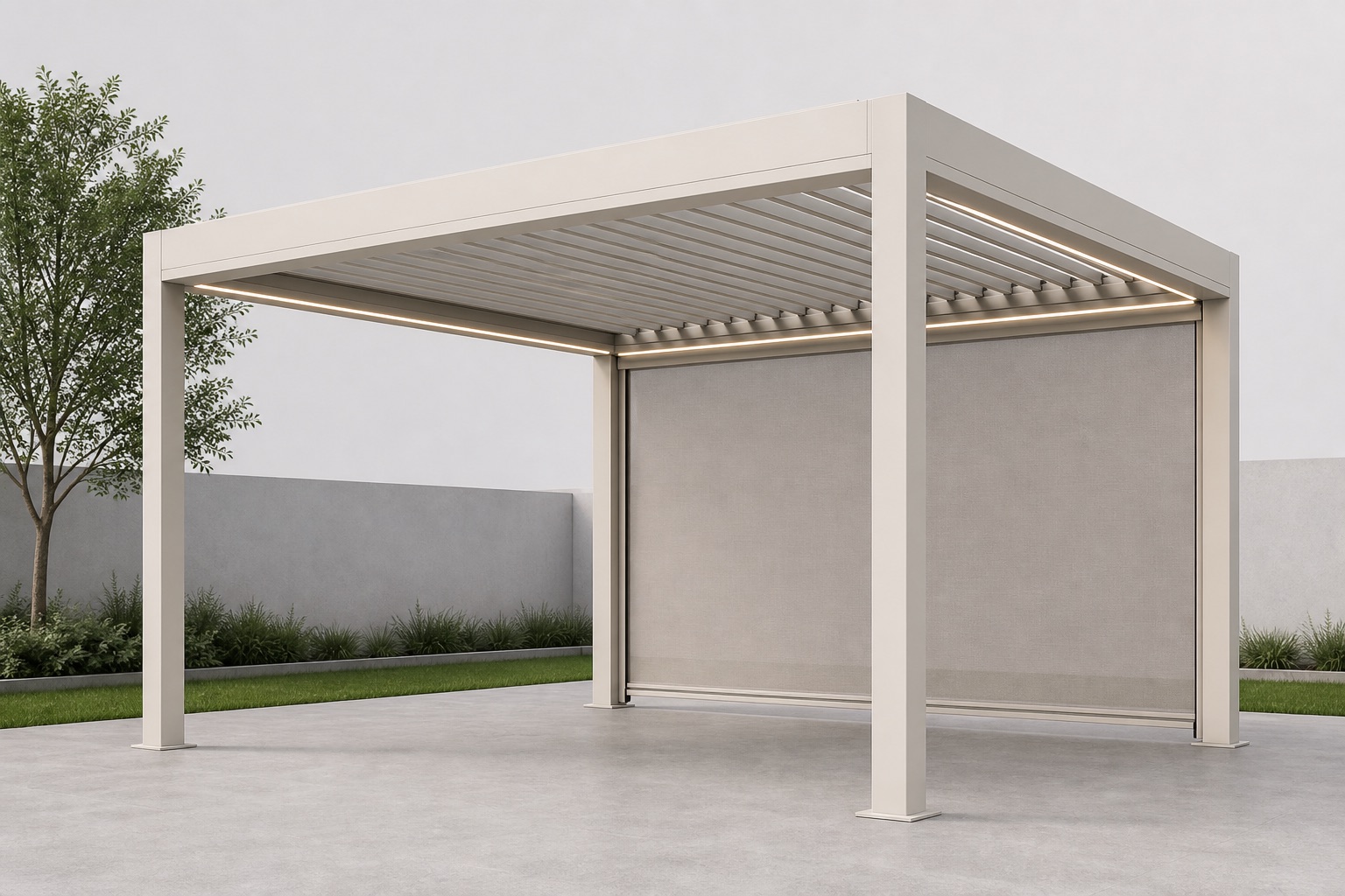 Freestanding warm-white bioclimatic pergola with rotating louvers, perimeter LED lighting and an integrated zip screen in a precise 3D configurator environment