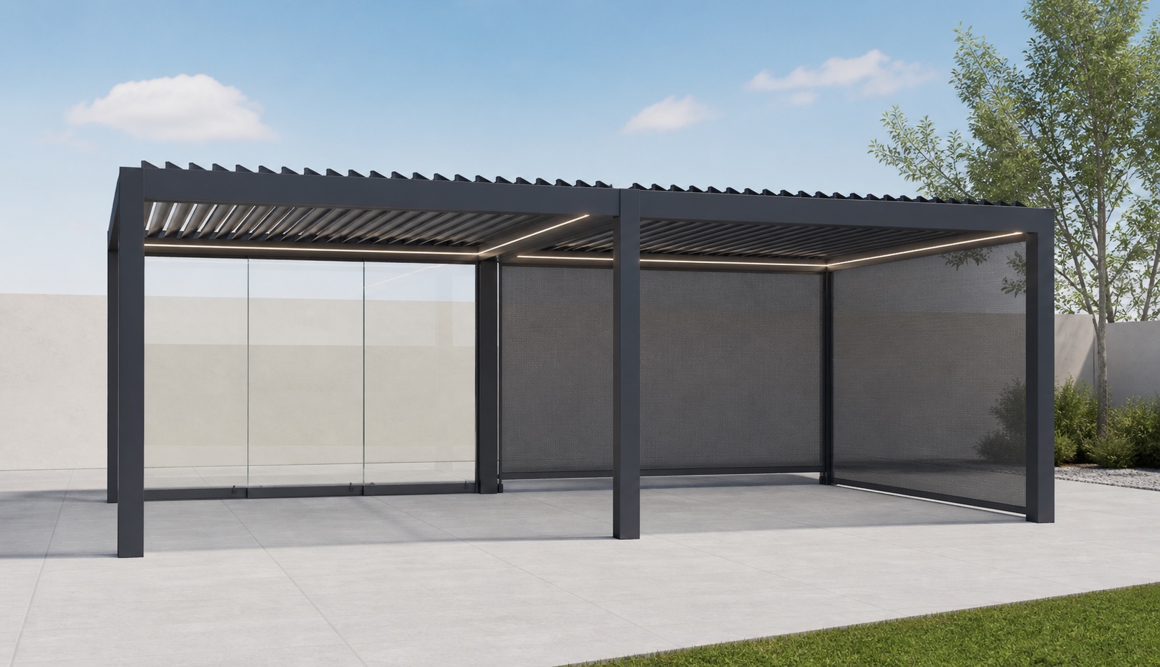 3D view of a two-bay anthracite pergola with separate louver zones, sliding glass, zip screens and integrated lighting.