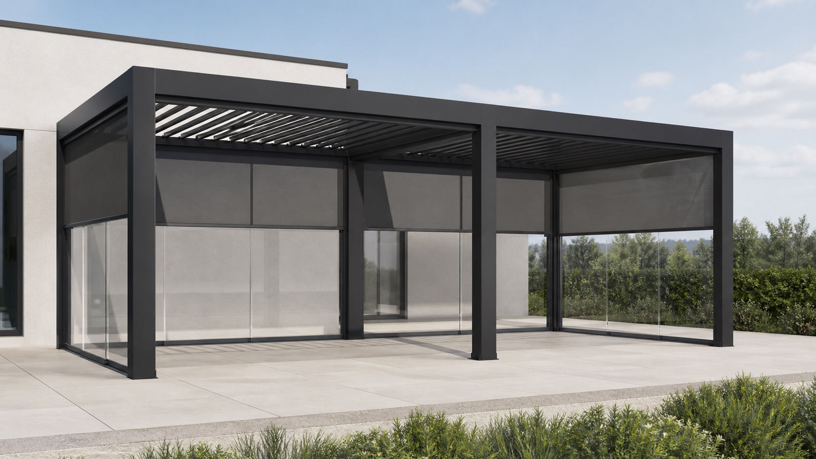 Anthracite two-bay bioclimatic pergola with independent louver zones, integrated zip screens and frameless sliding glass in a precise 3D configurator environment
