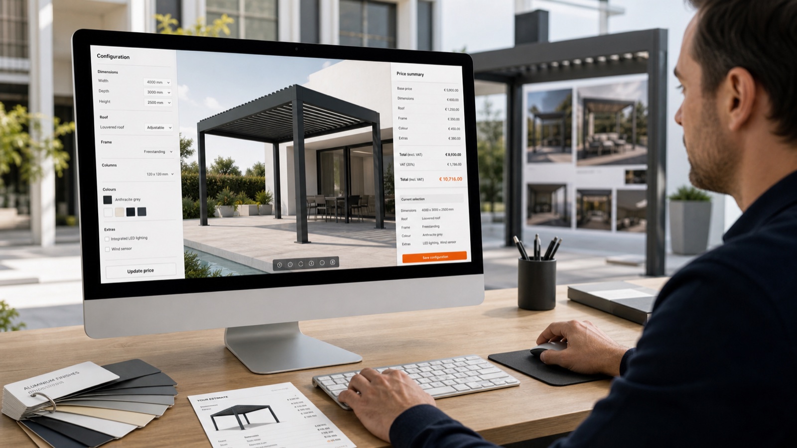 Dimensioned pergola configurator calculating an itemized price in U.S. dollars