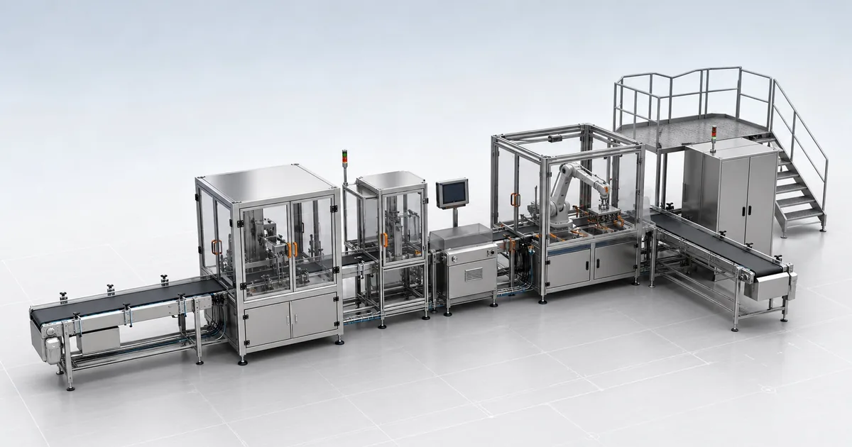 3D render of a modular industrial production line with conveyors, guarded equipment and a robot arm.