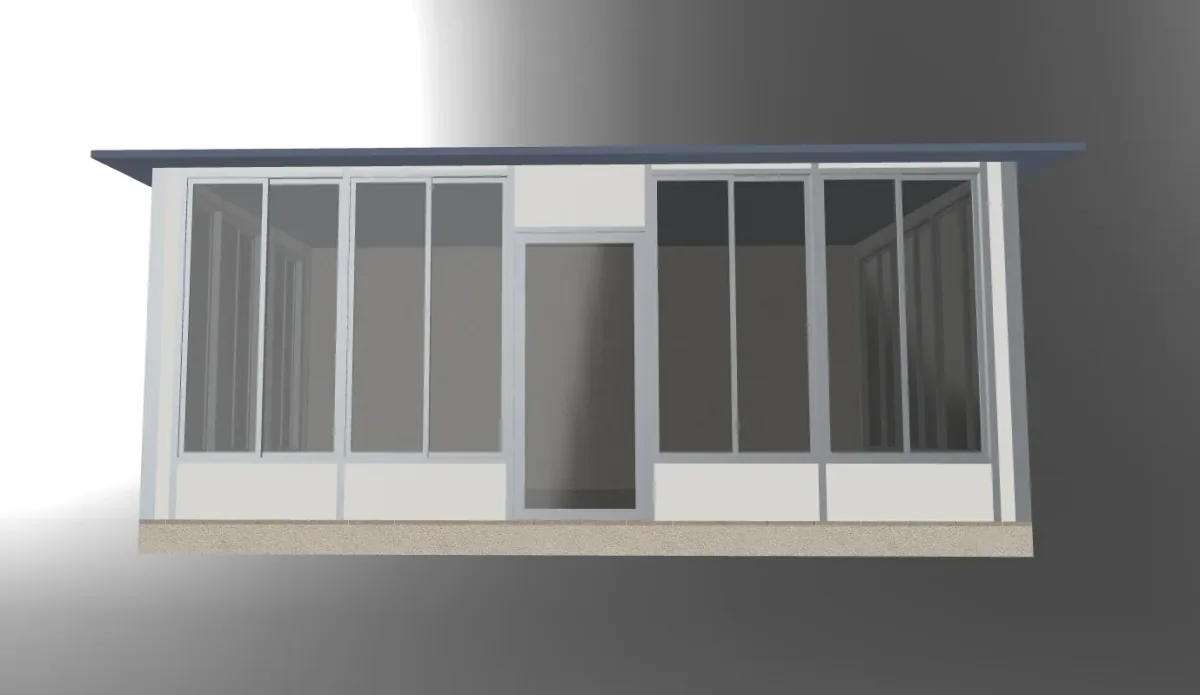 Front view of a glazed sunroom with a central door