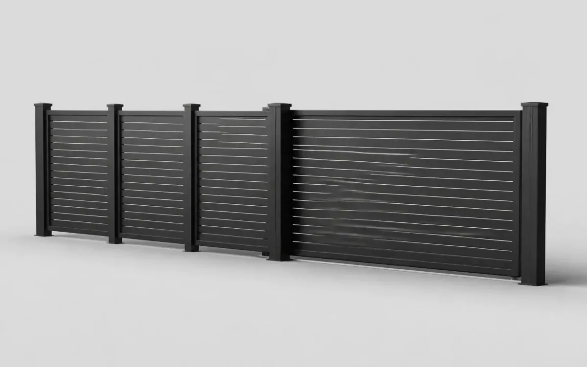 Dark horizontal-slat gate with matching fence panels in a 3D product view