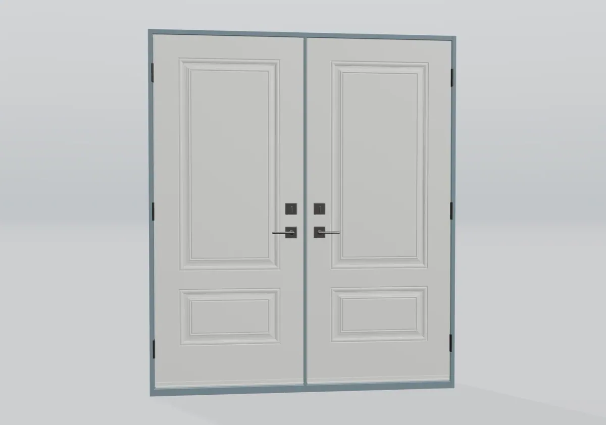 White double doors with decorative panels and dark handles