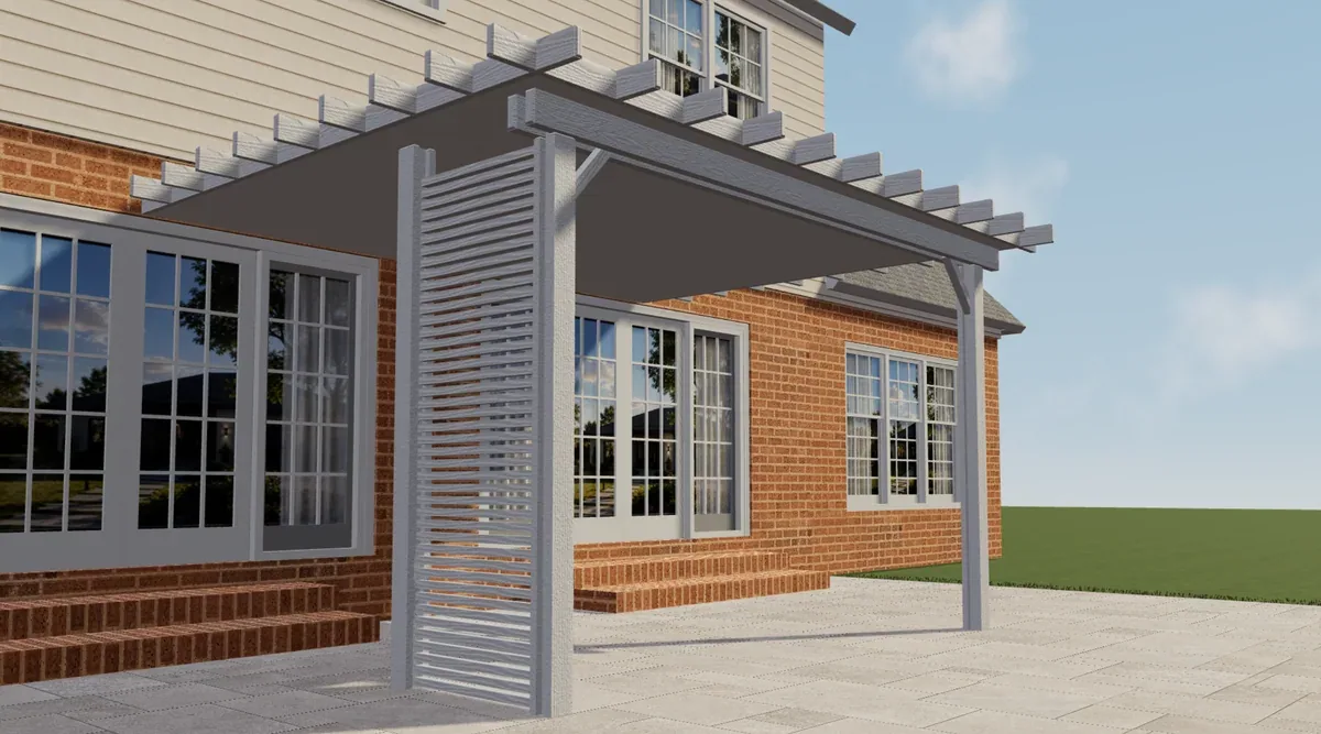 White Elite Aluminum pergola with a slatted side beside a brick house