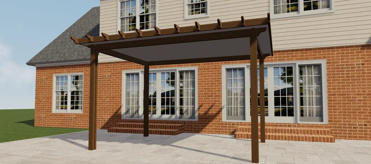 Brown Elite Aluminum covered pergola shown from the front beside a house