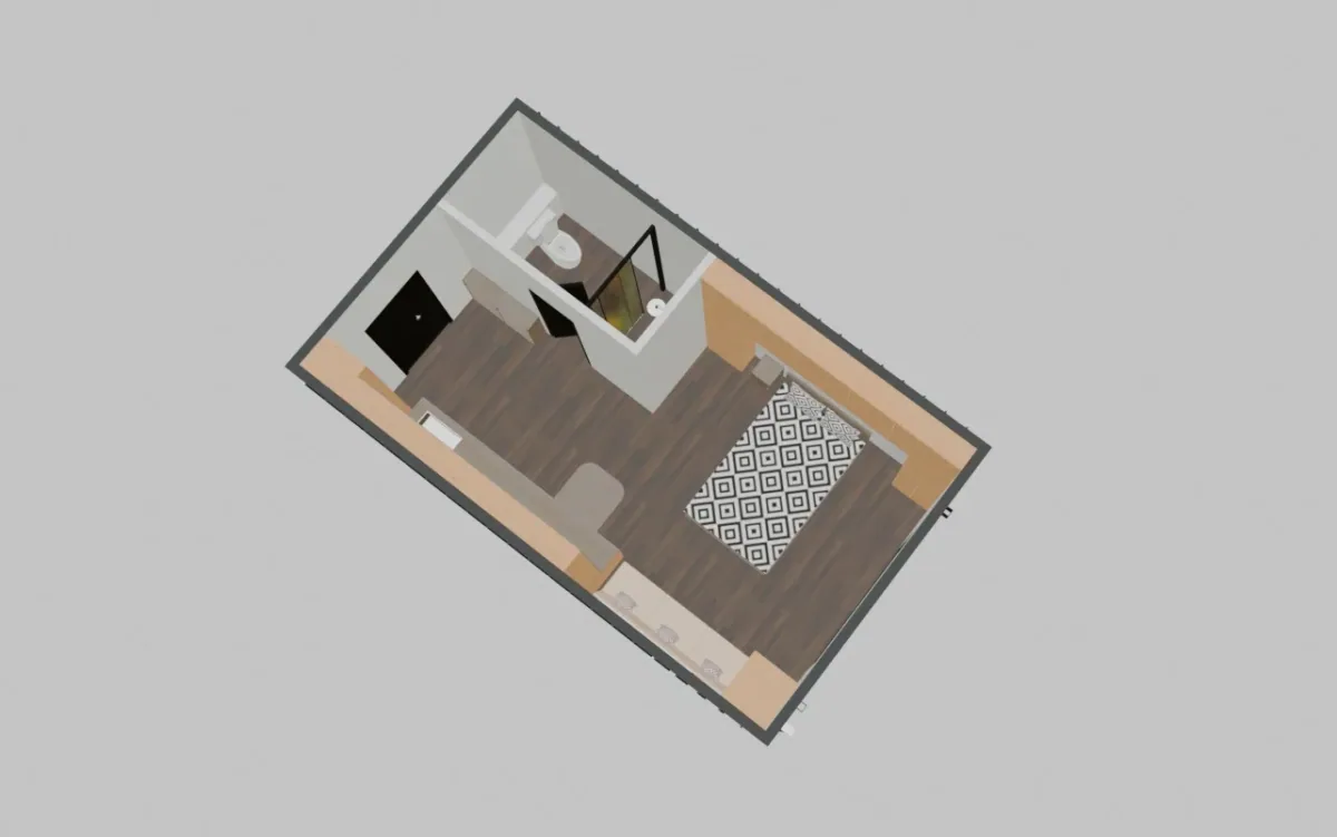 Three-dimensional floor plan of a modular home with internal rooms