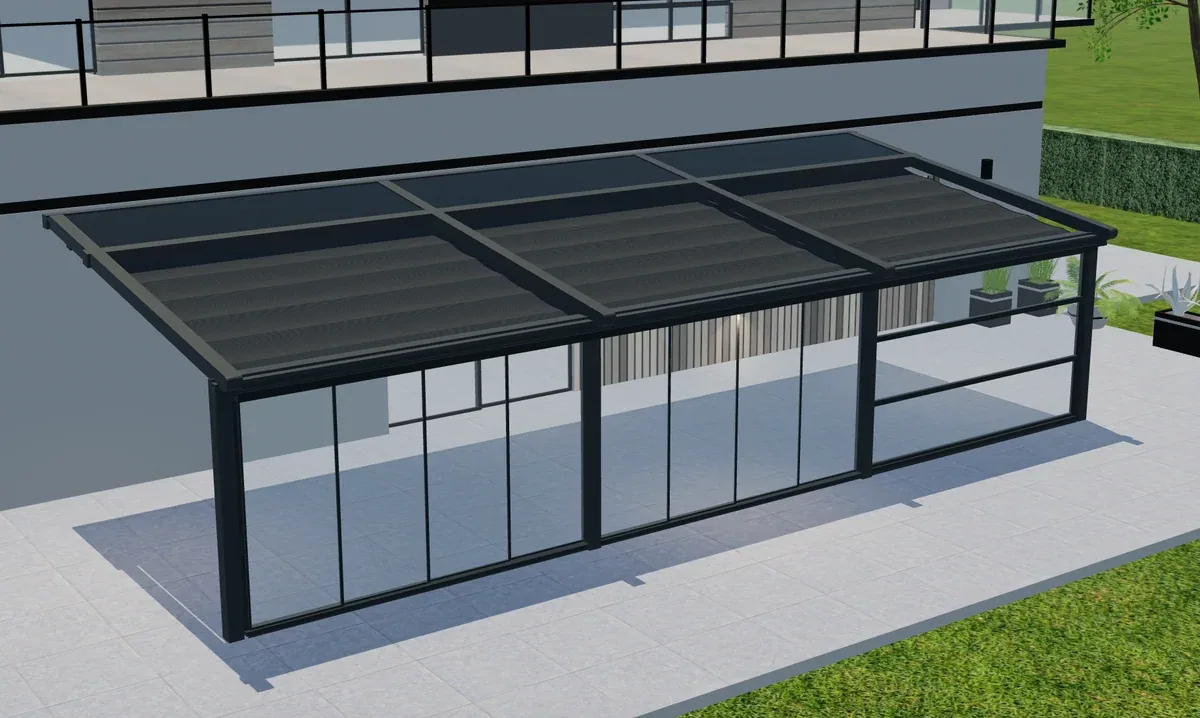 Elevated Tenteks Italia pergola view showing roof sections and glazed frontage