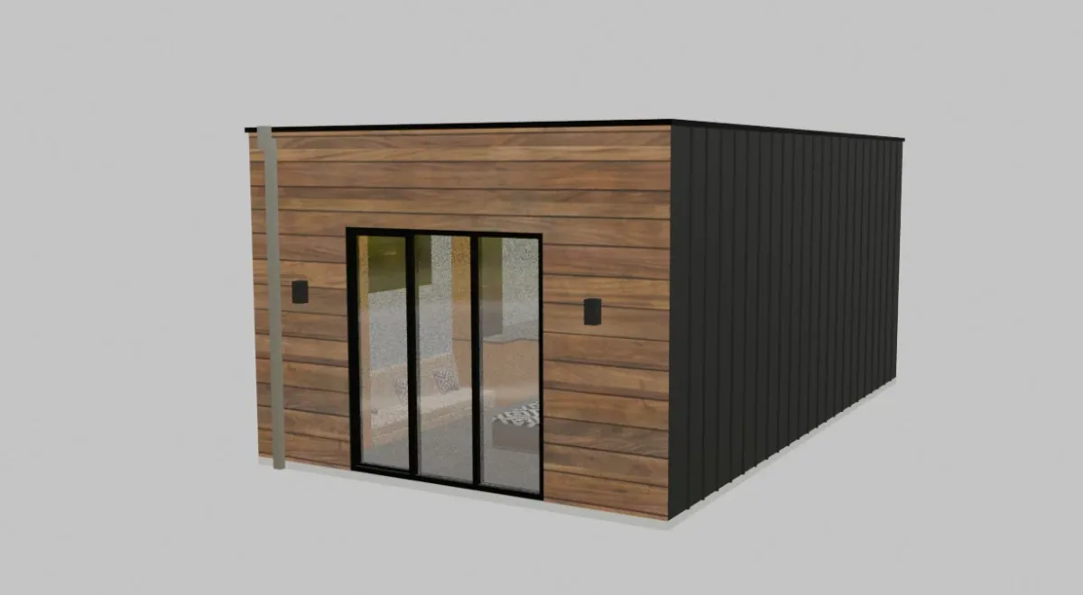 Modular home exterior with full-height glazed panels