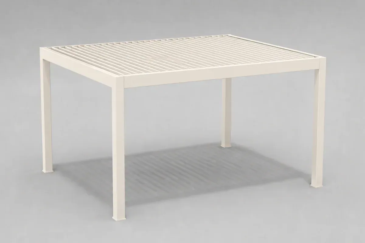 White freestanding pergola with a louvered roof in a neutral 3D product view