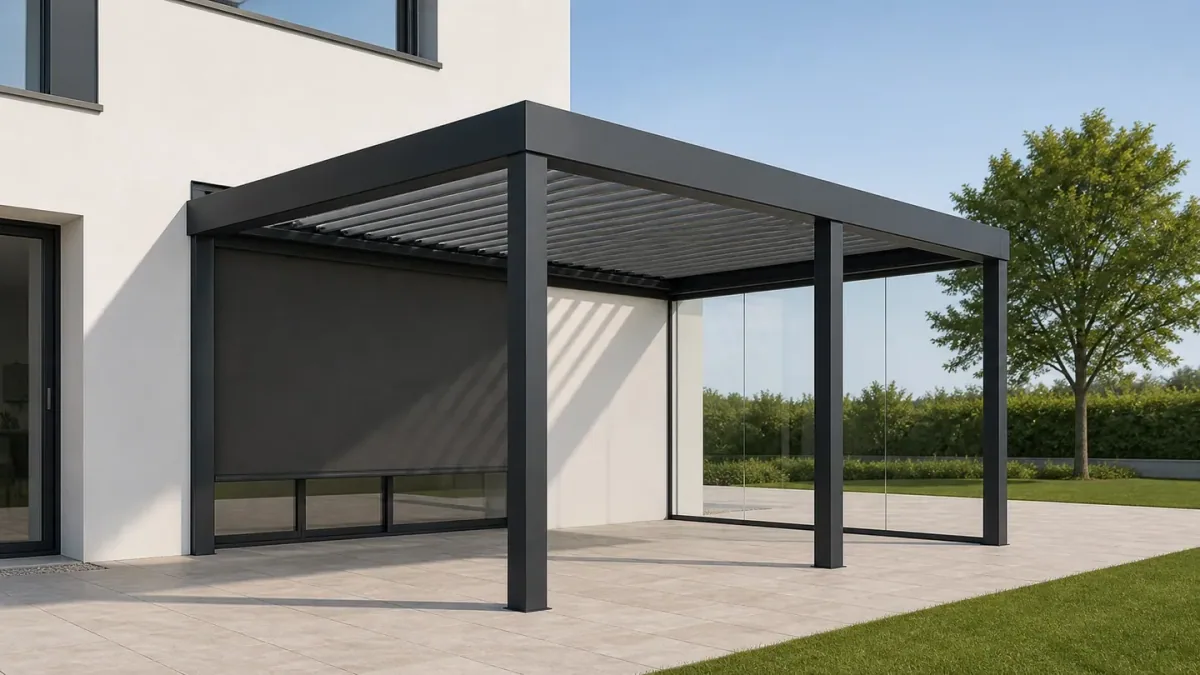 Anthracite pergola with glass panels and a side screen beside a modern house