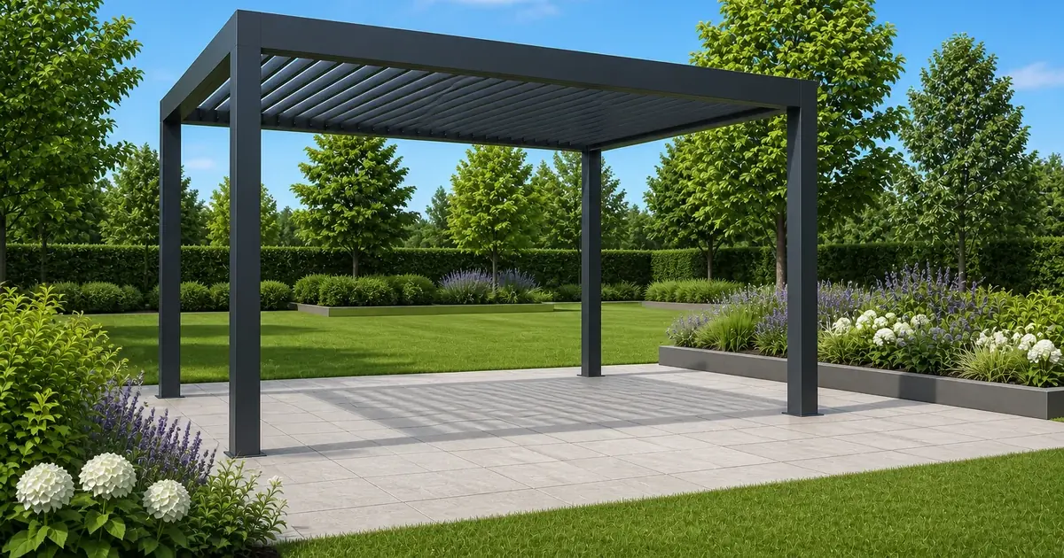 3D render of a dark louvered pergola in a landscaped garden, illustrating a configurable product a dealer can present to a customer.