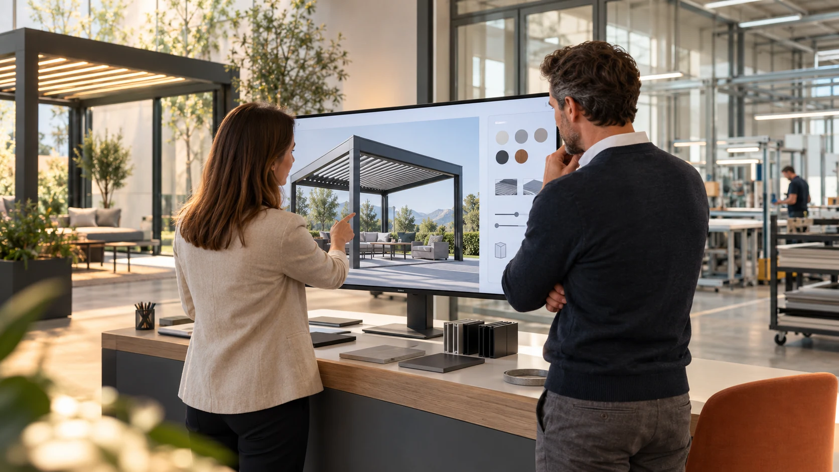 Two manufacturing professionals reviewing a pergola in a Configurix 3D product configurator inside a modern German showroom.