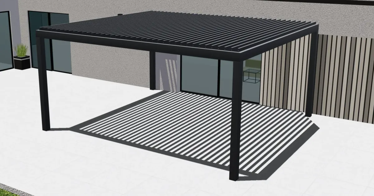 Configurix 3D pergola model showing an anthracite bioclimatic pergola with open louvres and two front posts.