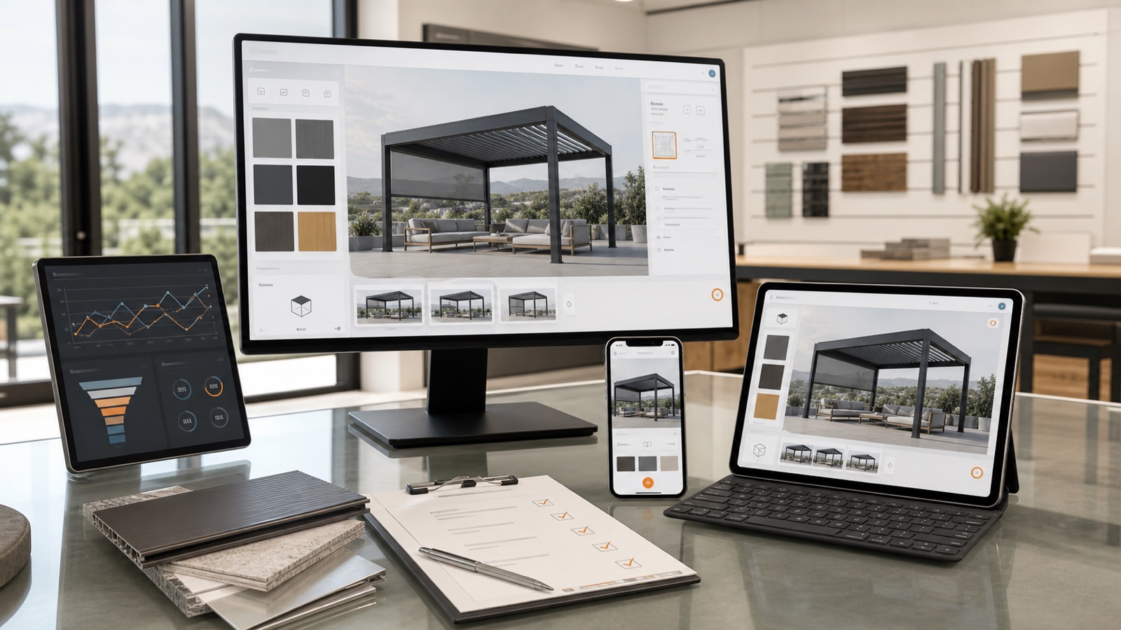 Responsive product configurator running across desktop, tablet and mobile beside a launch analytics dashboard