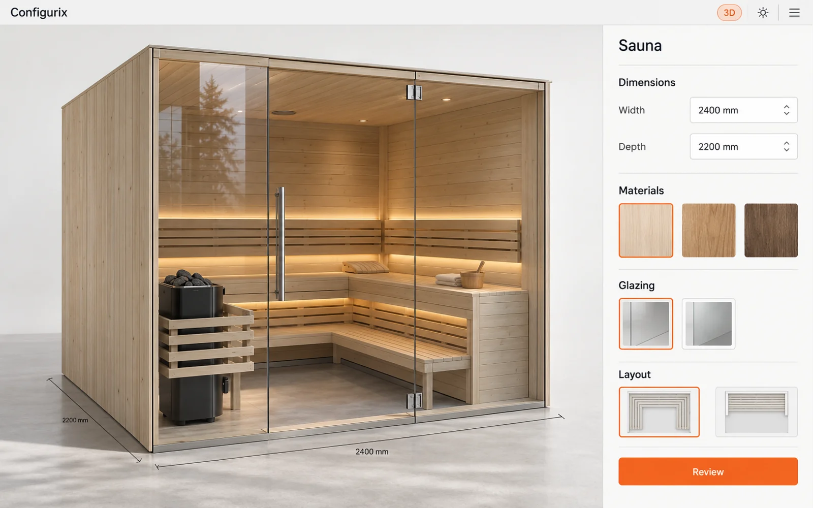 Sauna configurator illustration with a glass-fronted timber cabin, dimension controls and material choices