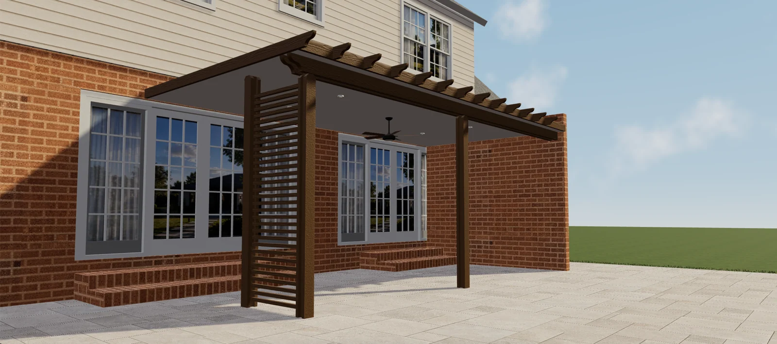 3D preview of a brown covered pergola with a slatted side panel, ceiling fan and recessed lights.