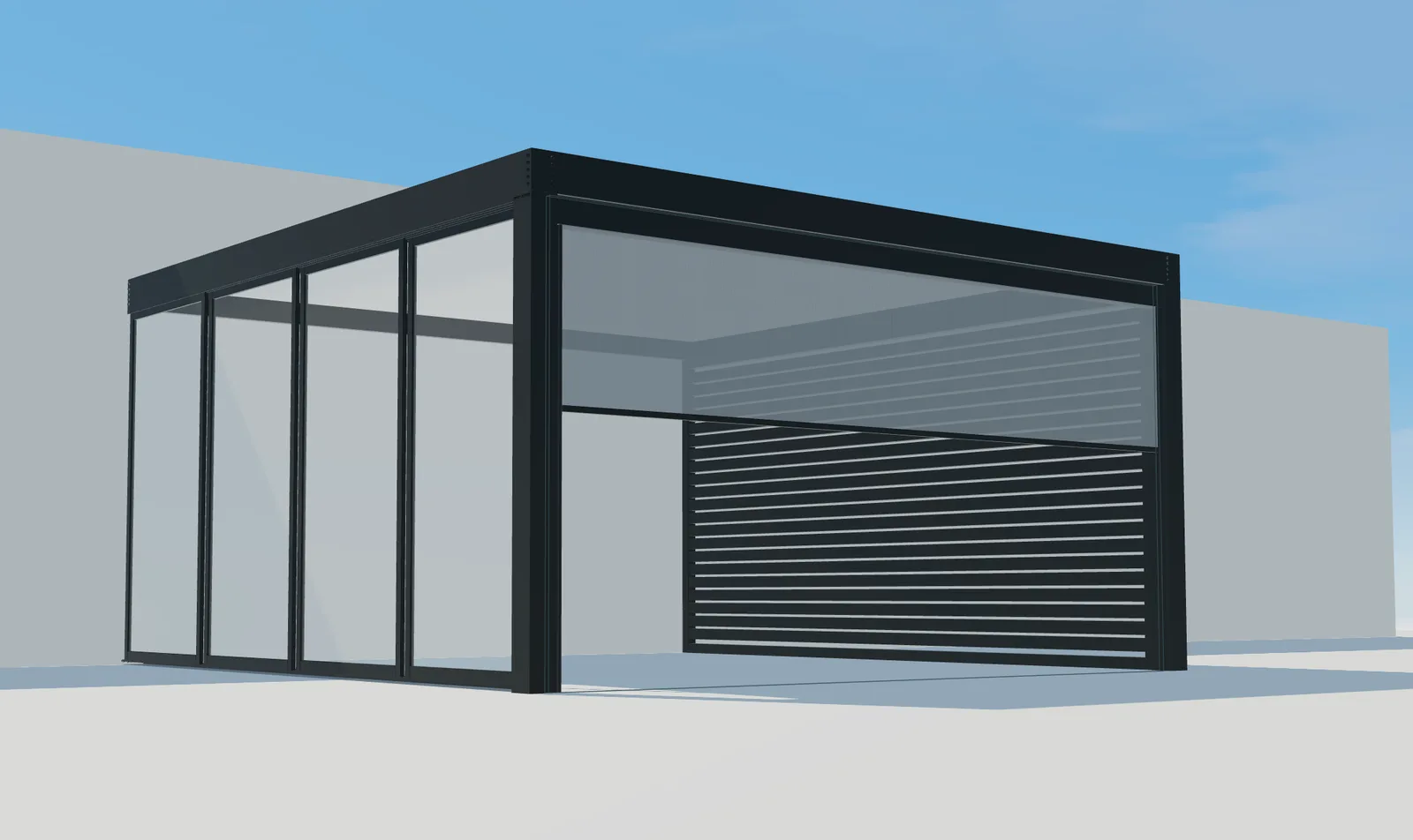3D view of a dark Pergola Plus frame with glass side panels, a partially lowered front screen and a slatted rear panel.