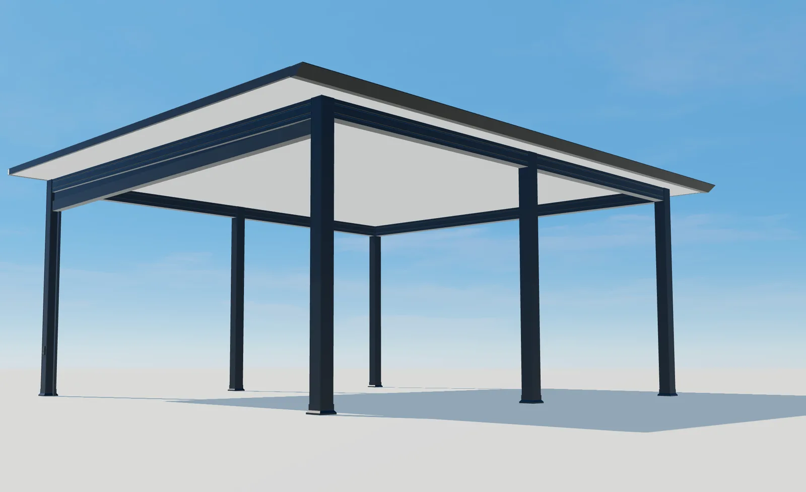 Low-angle 3D view of a freestanding Pergola Plus structure with dark posts and a pale solid roof.
