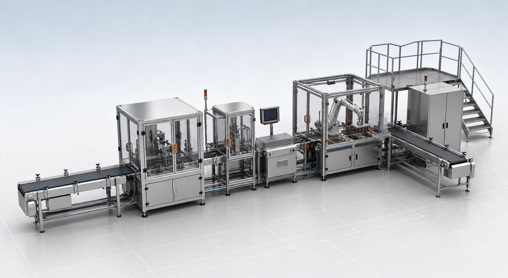 Modular industrial packaging and conveyor line with guarded machinery, robotic cell, control cabinet and service platform in a professional 3D configurator studio