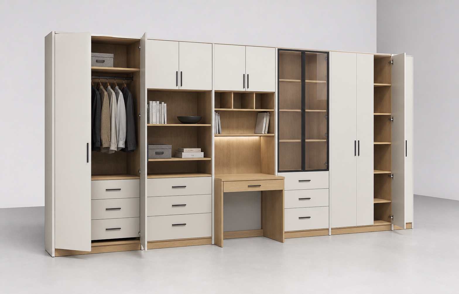 Configurable warm-white and oak modular wardrobe, shelving, drawers and desk system in a professional 3D configurator studio