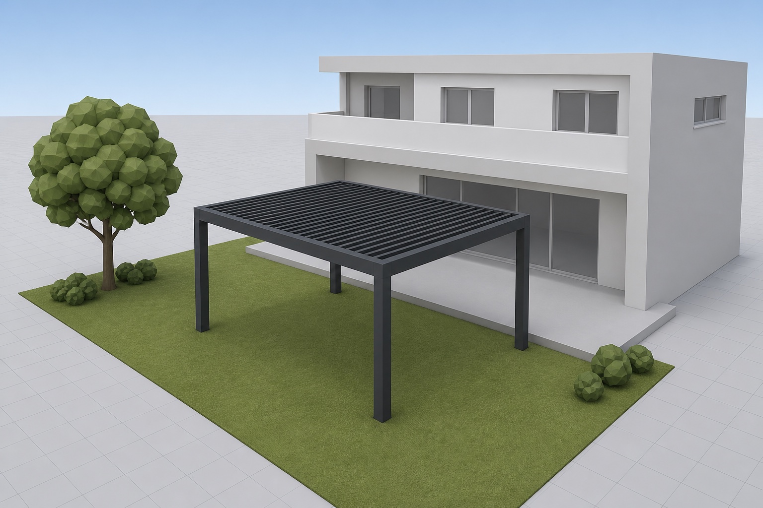 Anthracite louvered pergola in a real-time 3D product configurator viewport