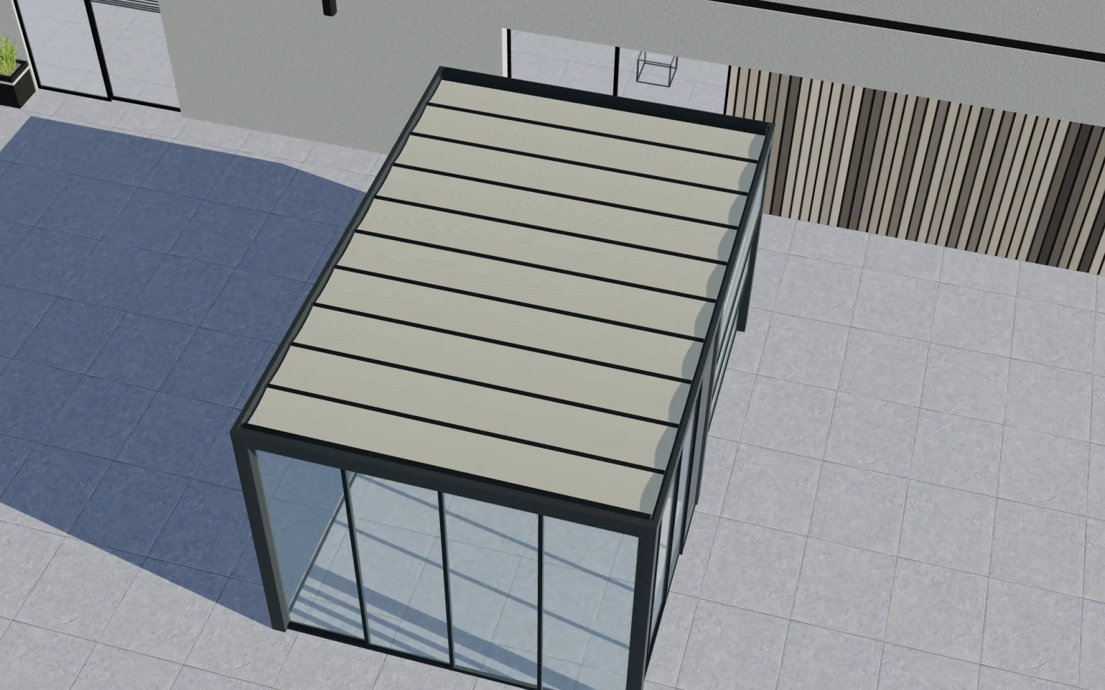 Overhead 3D view of a bioclimatic pergola with closed roof louvres in the Configurix product model.