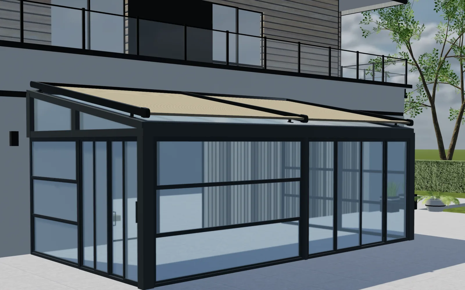3D pergola configurator preview of a wall-mounted glass pergola with a retractable fabric canopy