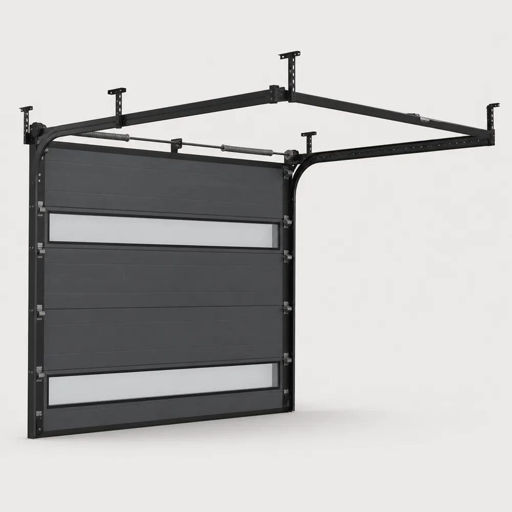 Configurable anthracite sectional garage-door system with tracks and glazed panels