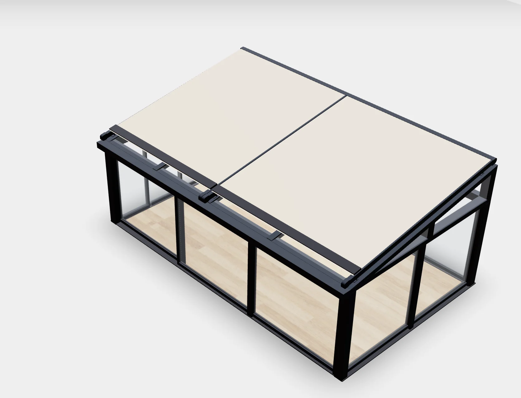 3D configurator view of a made-to-measure veranda with framed roof panels and sliding glass walls.